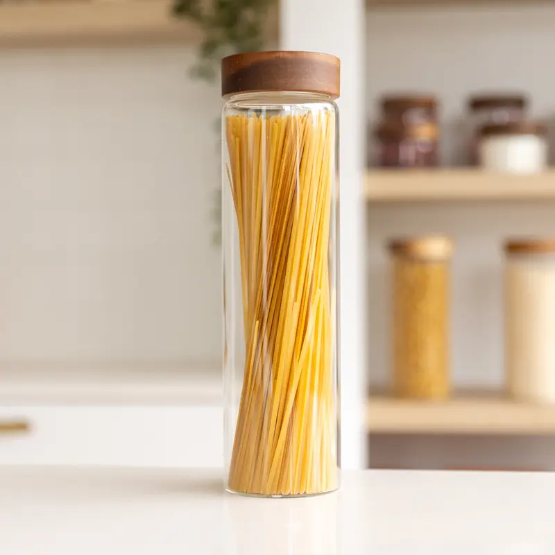 Acacia Wood-Lid Glass Pasta Container – 1.2L Airtight Jar 1