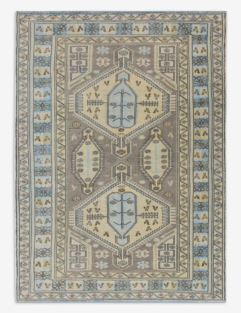 Compact Turkish Wool Area Rug, Hand-Knotted Antique, 4'6" X 6'2", No. 563 1