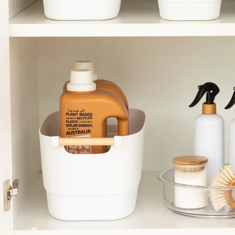 Large White Pantry Bin With Ergonomic Wooden Handle 1