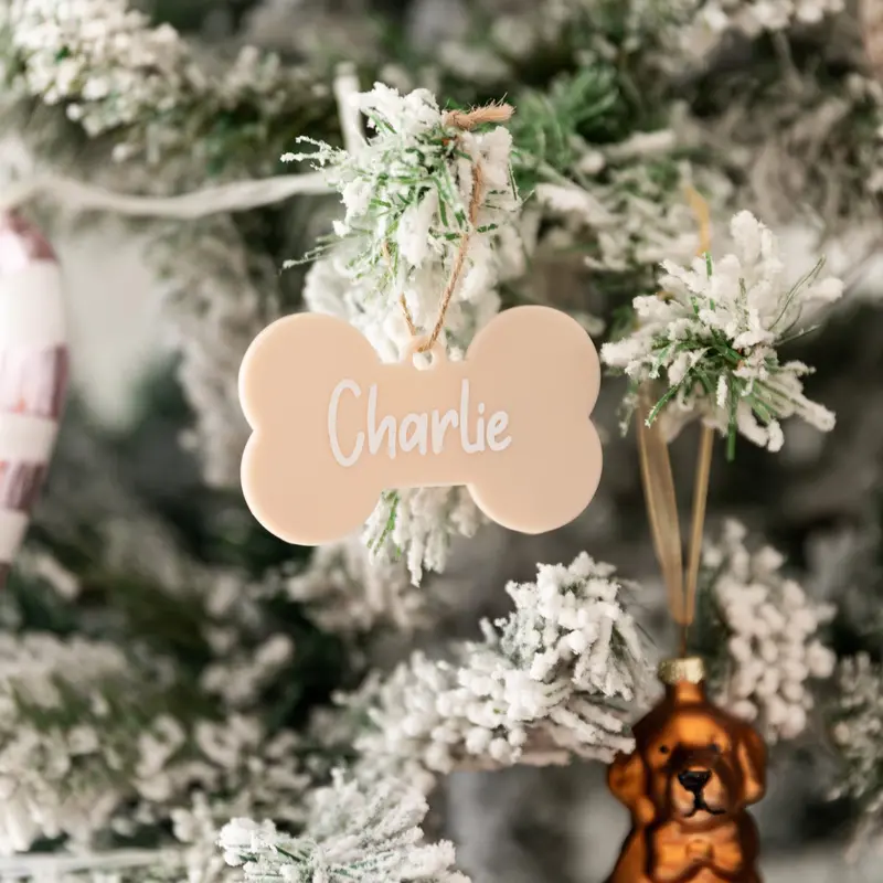 Personalised Beige Dog Bone Acrylic Christmas Baubles With Custom Label 1